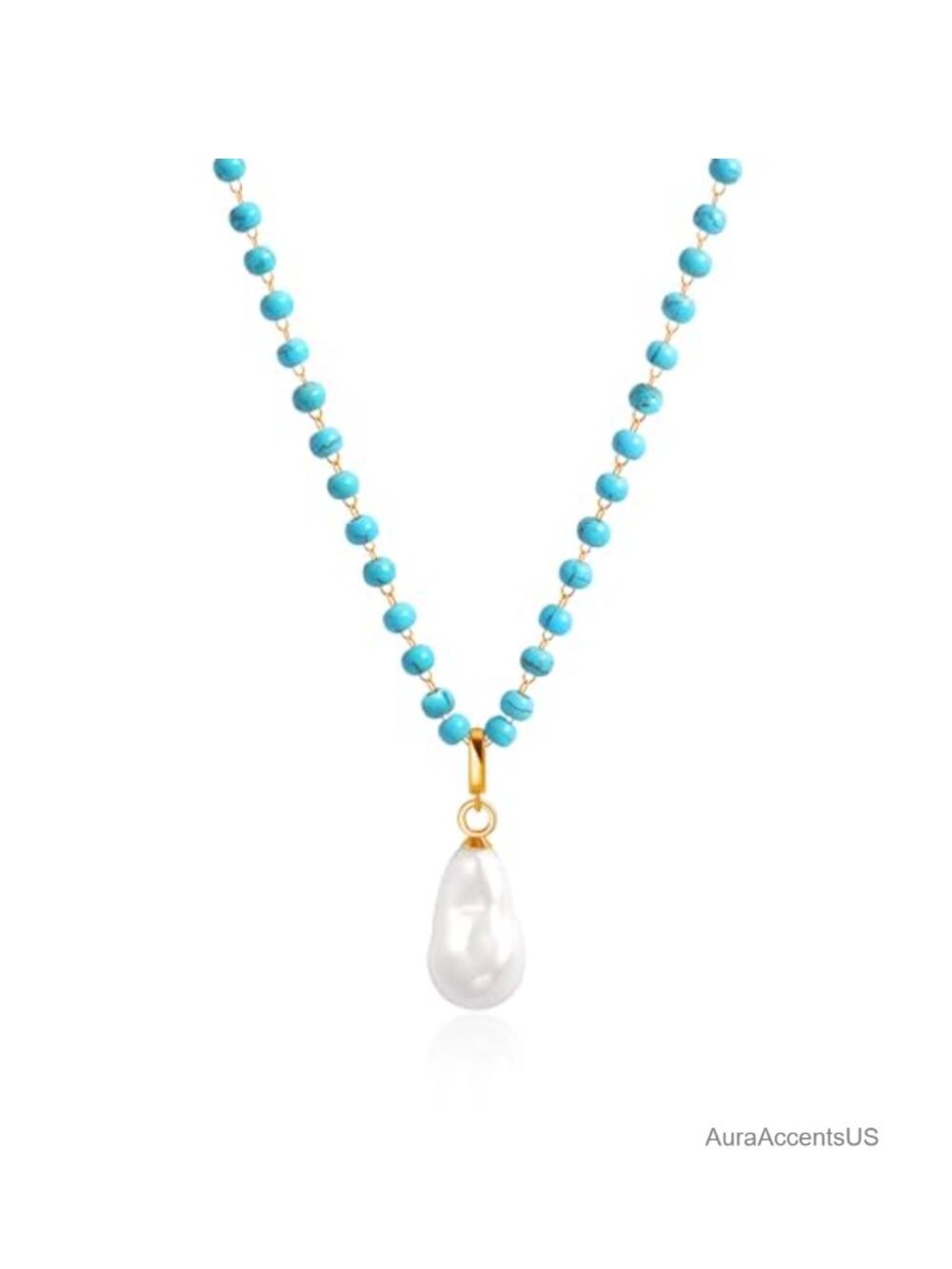 18K Gold Plated Turquoise Beaded Necklace Baroque Pearl Pendant